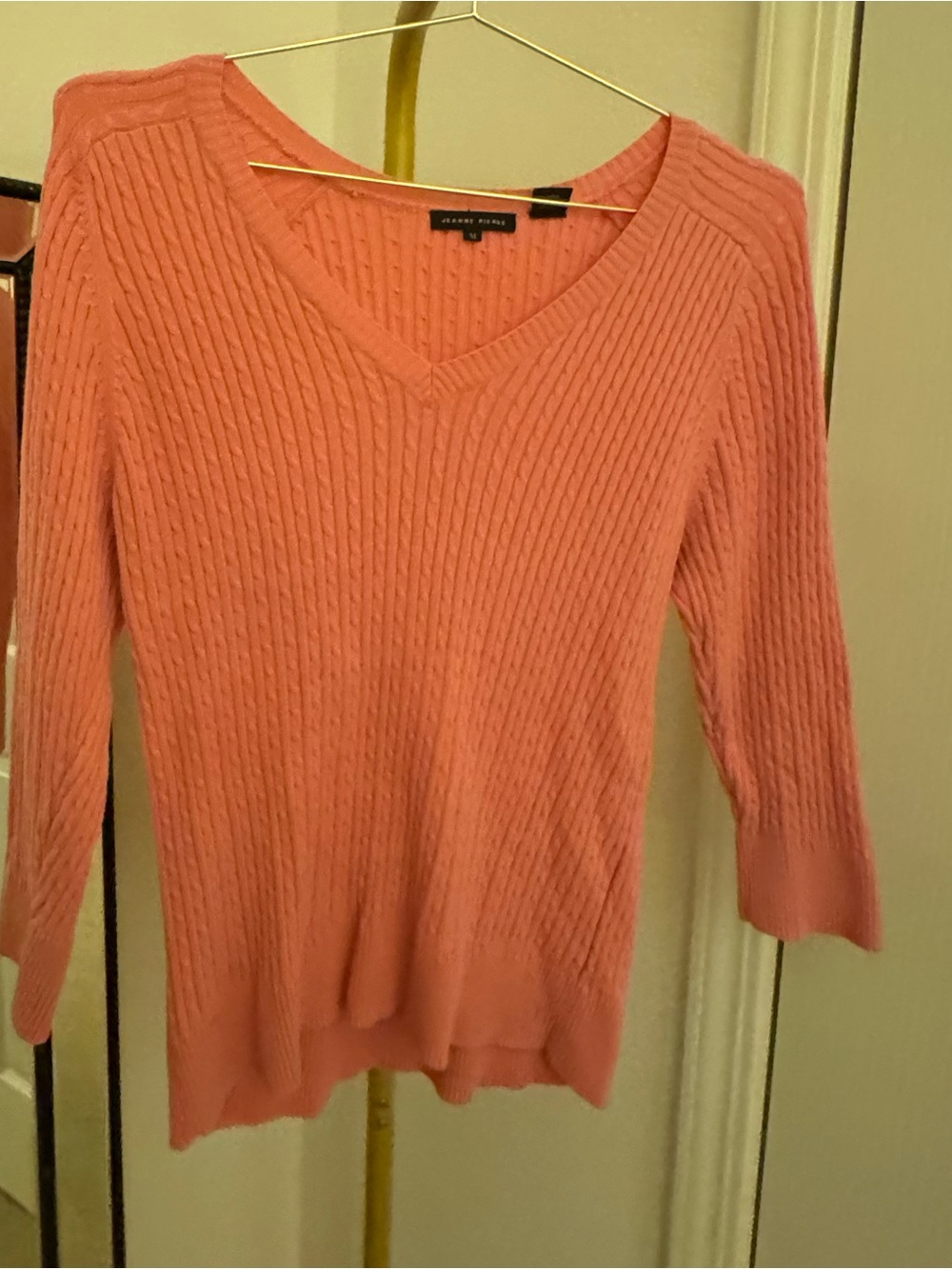 Coral Pink Cable Knit V-Neck Sweater